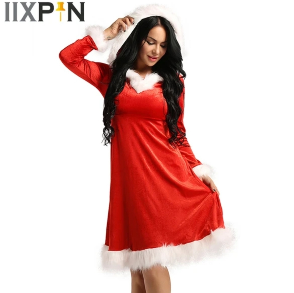 LARGE SANTA CLAUS RED & WHITE TRIM HOODED CHRISTMAS MRS. CLAUS OUTFIT